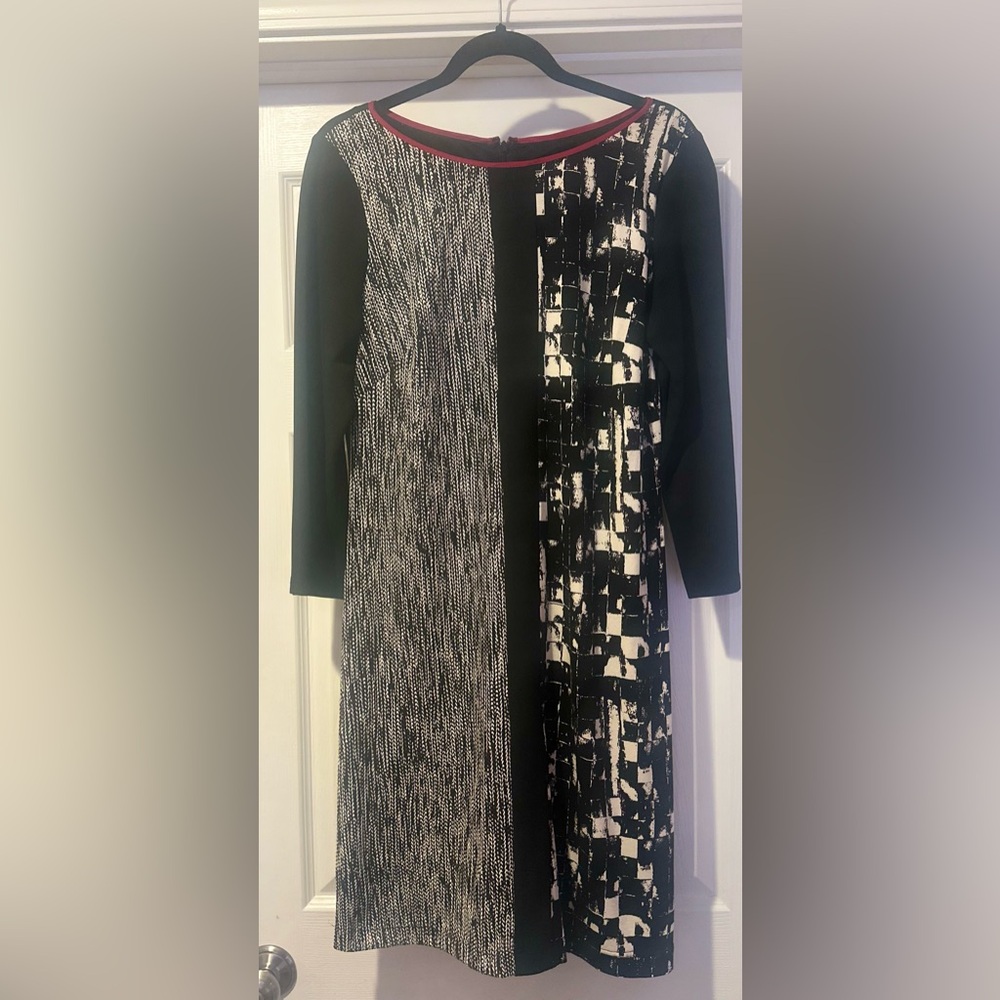 NWOT Womens Adrianna Papell Geometric Print Textured Sleeves Red Black Career 10